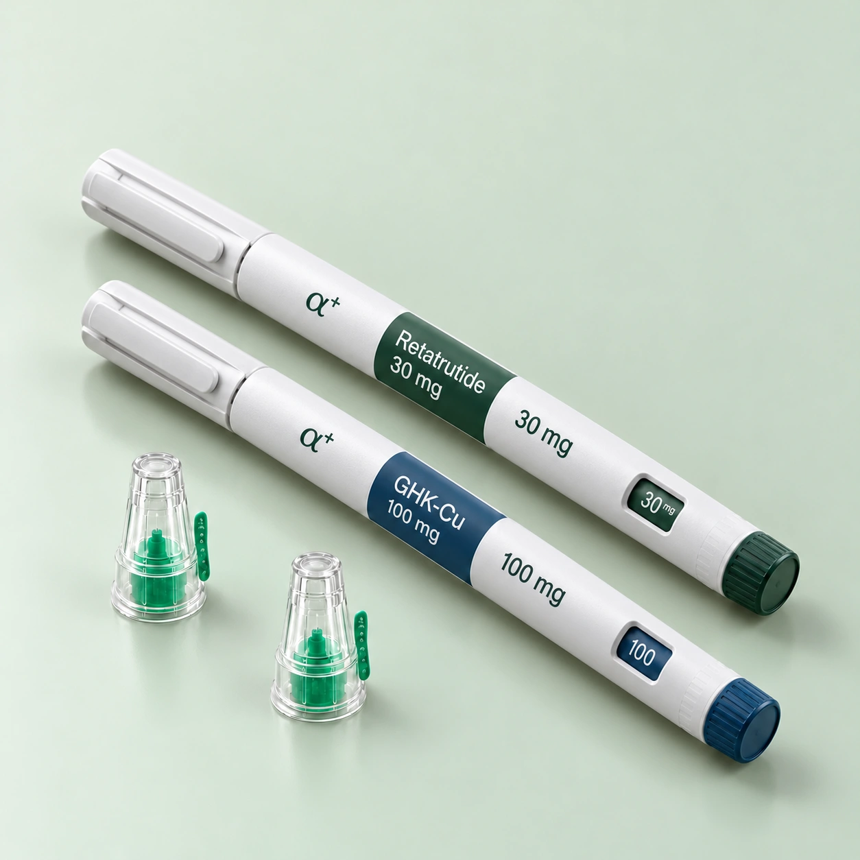 Pakket met Retatrutide 30 mg, GHK-Cu 100 mg en pennaalden